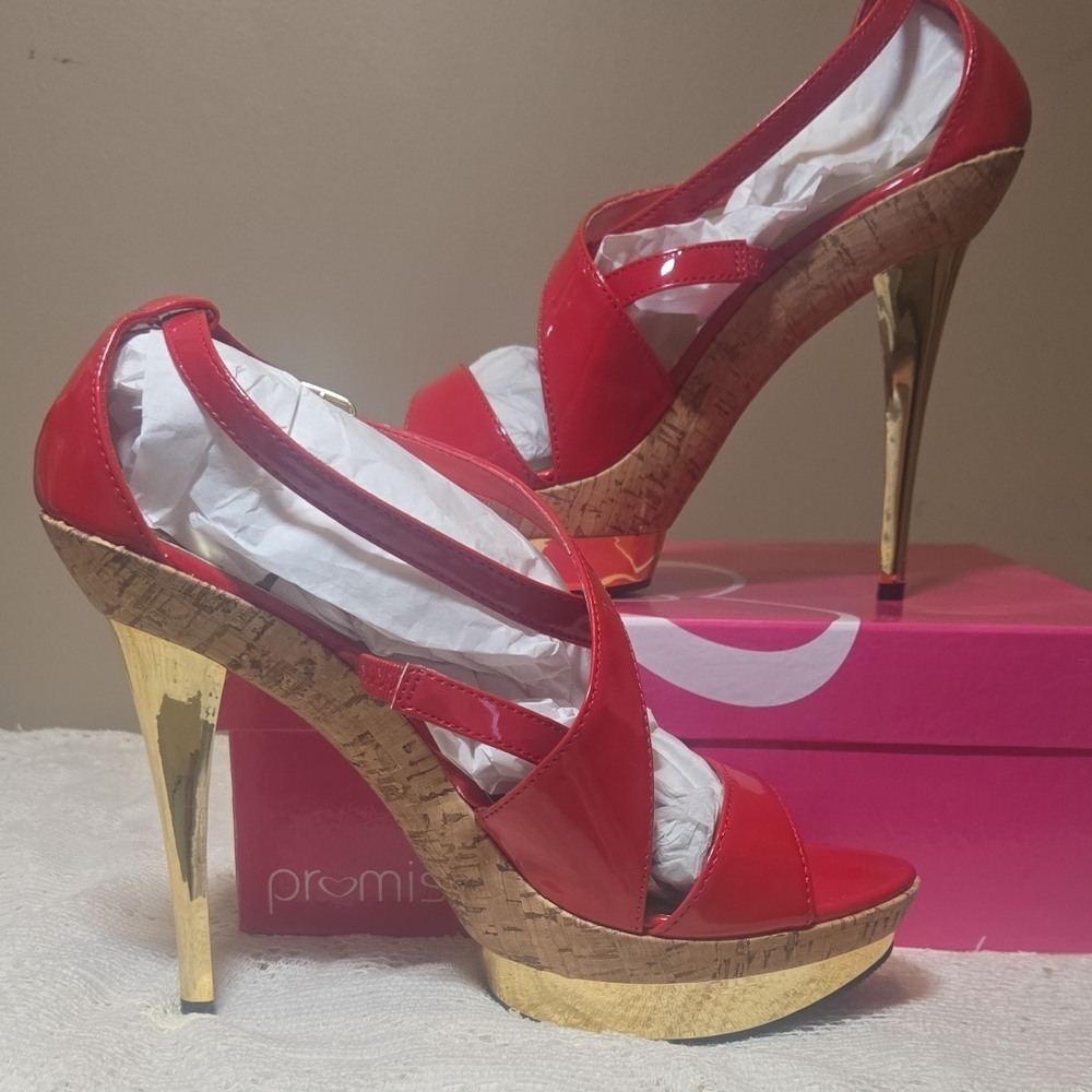 NIB Promiscuous Red Patent Platform Heels with Gold Stiletto